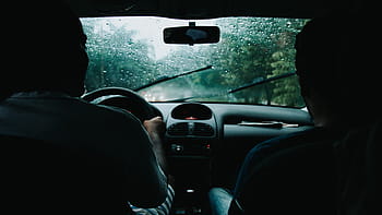driving, car, rain, shadow, silhouette, wet, wipers, forest, tree, green, steering wheel