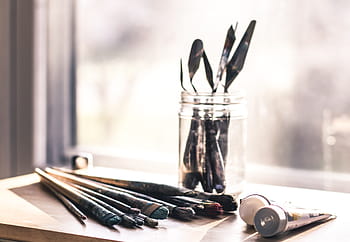 Kunst, Farbe, Werkzeuge, Künstler, Fenster, Studio, Büro, Schreibtisch, Pinsel, Krug, Glas