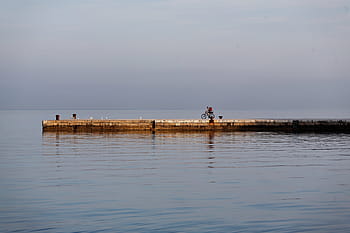 Ufergegend, Dämmerung, Seebrücke, Morgen, Meer, Radfahrer, Fahrrad, Fahrer, Reiten
