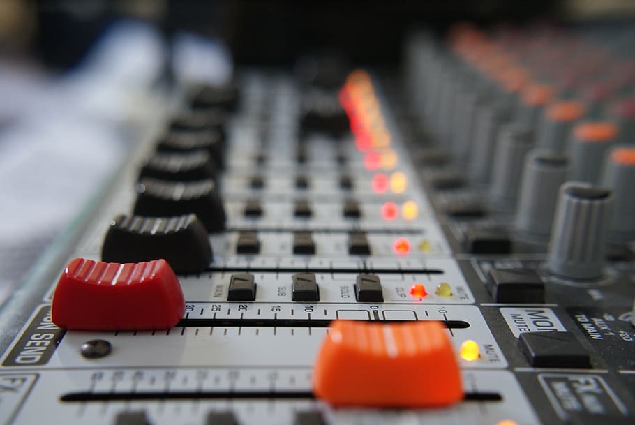 meja suara, foley, audio, musik, percampuran, studio, pengaduk, kancing-kancing, tua, dj, elektronik