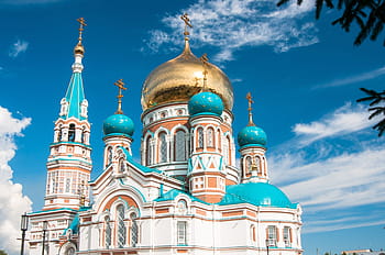 архитектура, православен, църква, катедрала, купол, Омск, купол на катедралата, християнство, религия, небе, център