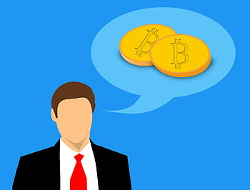 삽화, 실업가, 생각, 말하는, 비트 코 숨김, cryptocurrency., 비트 코인, 투자, 사업, 돈, 돈 생각 거품