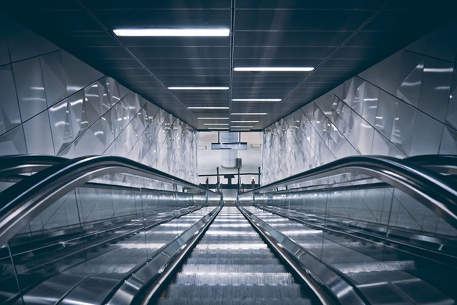escalator, metro, stairs, railway station, architecture, modern, metal, urban, city, perspective, within