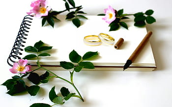 scéna, květiny, prázdný, notebook, svatební prsteny, prsteny., svatební deník, guestbook., svatba, prsten, vezmi si mě