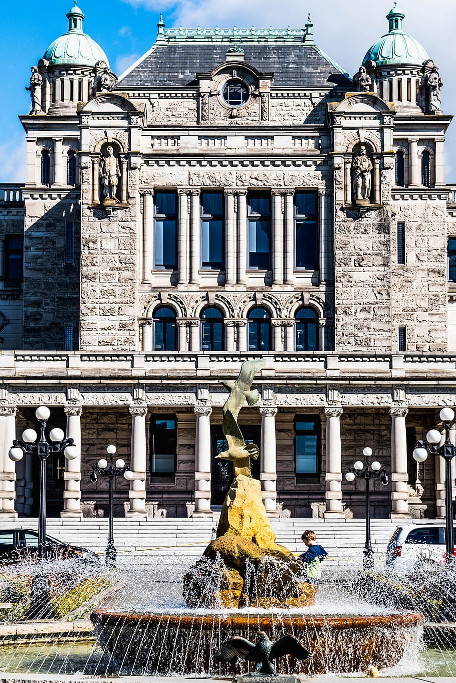 fontána, chlapec, legislativní budovy, victoria, před naším letopočtem, ostrov Vancouver, vozy, zadní, architektura, ulice, světla