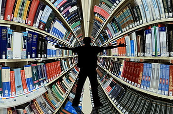 library, books, knowledge, information, bookshelves, man, silhouette, arms outstretched, bookshelf, data, college