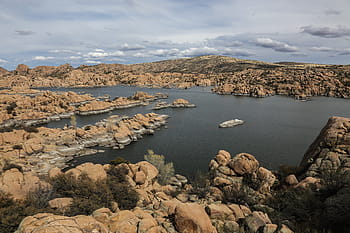 žulové skály, -, Watson výhled na jezero, Pohled., arizona, lezení, mraky, zataženo, eroze, jezero, krajina