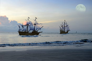 pirátská loď, moře, měsíc, fantazie, oceán, plachta, loď, námořní, dřevěný, plachetnice, nebe