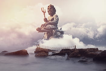 poseidon, fantasy, fantasy landscape, statue, sea, rocks sky, clouds, dream, mystery, mysterious, legend