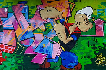 graffiti, popeye, wall, art, cartoon character